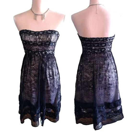 VTG Y2K Black Floral Lace Sequins Strapless Whimsigoth Mini Dress Small - Picture 3 of 15